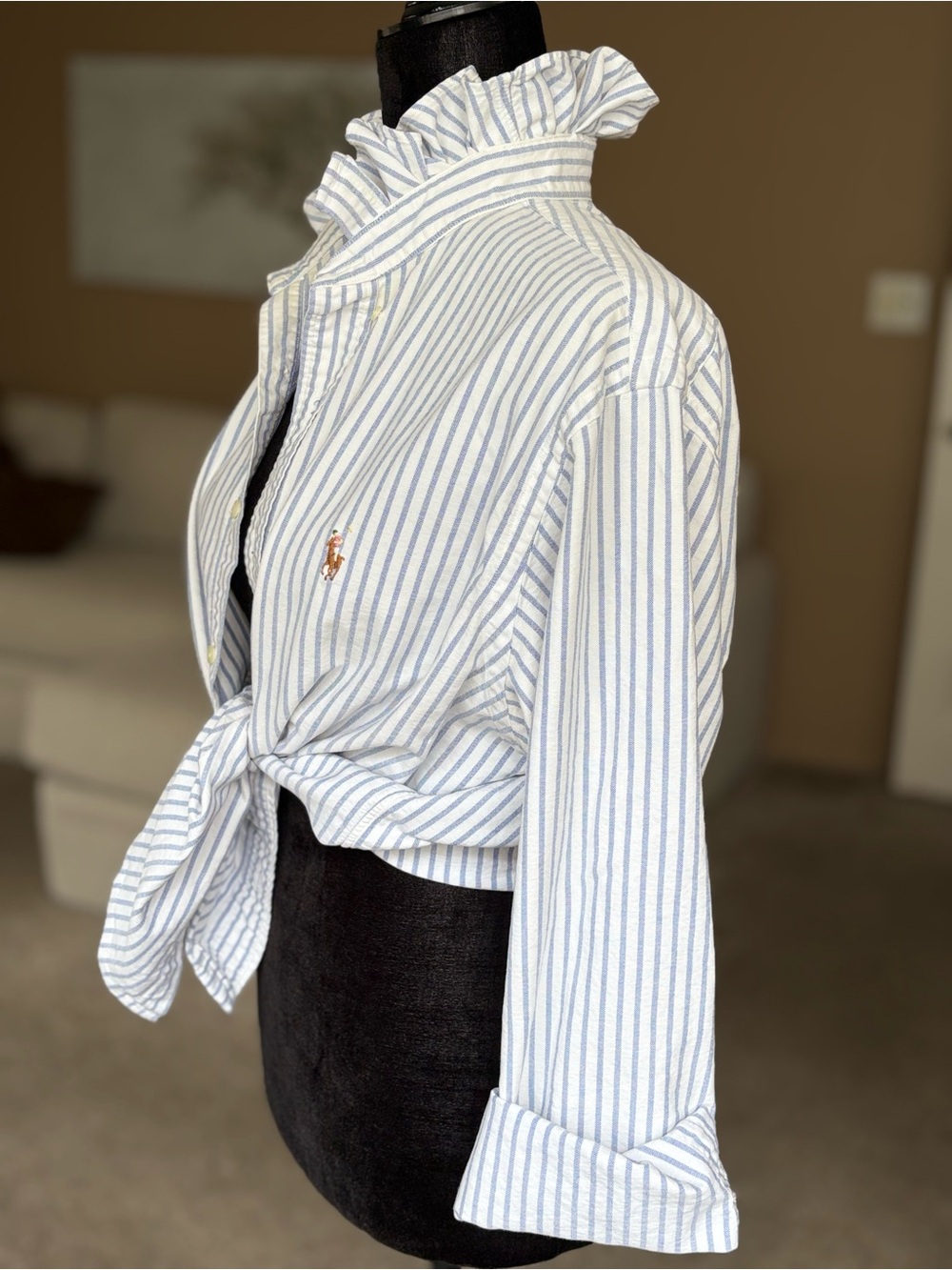 Reworked Ralph Lauren Blue Stripe Ruffle Collar Button-Up Top - Picture 2 of 15